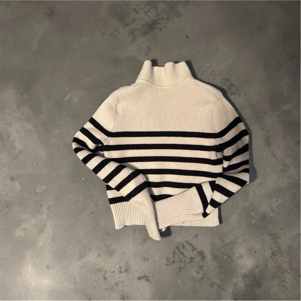 Cream Black Striped Collared Sweater – Women’s Small – Ribbed Knit Polo Style